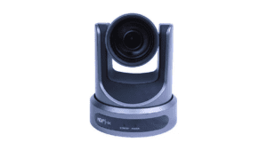 A sleek, modern NDI PTZ camera with a large lens enhances your live streaming experience. Ideal for video conferencing or church's live streaming, it features a sturdy base and streamlined, curved design. The camera is positioned against a white background.