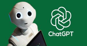 A humanoid robot with a screen, illuminated eyes, and a friendly expression stands beside ChatGPT's logo, perfectly illustrating the potential pros and cons of AI technology against a vibrant green background.