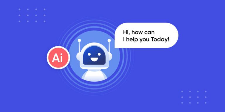 Illustration of a smiling AI-powered robot with antennae on a blue background. The robot, acting as a chat host, has a speech bubble saying, "Hi, how can I help you today?" A red circle with "AI" is also present on the left side.