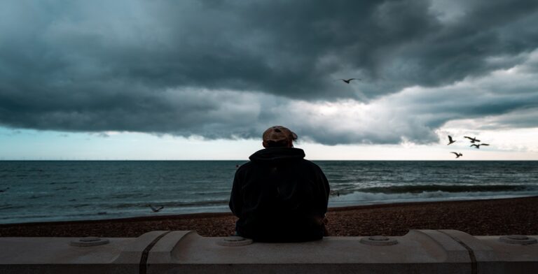 A person wearing a dark hoodie and cap sits on a sea wall facing the ocean, contemplating hidden struggles. The sky is overcast with dark clouds, and several birds fly nearby, creating a moody atmosphere.