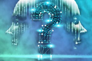 A digital question mark composed of glowing blue nodes and lines stands in the foreground. In the background, binary code streams down over the outline of a human head, reflecting a futuristic atmosphere that intertwines with AI's boundless potential and intricacies.