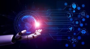 A robotic hand holds a glowing digital globe, symbolizing the impact of AI. The background features blue hexagons with icons for biotechnology and robotics. A pinkish-red light emanates from the globe, casting an aura that highlights the forefront of technological innovation.