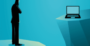 A silhouetted figure stands on a cliff edge, contemplating the digital divide as they gaze across a gap at a laptop on a distant cliff. The gradient of blue in the background suggests both the challenge and the opportunity for connecting with an online congregation.
