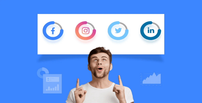 A man smiling and pointing up with both index fingers gestures toward the vibrant world of social media. Above him, icons for Facebook, Instagram, Twitter, and LinkedIn each float within a circular progress bar. The blue backdrop is subtly adorned with charts and data, illustrating the art of reaching people.