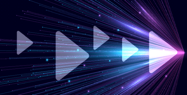 A series of translucent play buttons is arranged in a row, decreasing in size towards the left. Bright pink and blue lines radiate like laser beams from the largest button on the right, set against a dark backdrop—ideal for showcasing ultra-high bitrate streams.