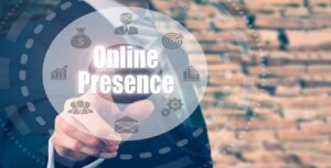 A person in a suit points to a digital overlay displaying "Online Presence," with icons like money, a target, and gears. The scene emphasizes boosting online presence with insights akin to 2024 SEO tips, all set against a blurred brick wall backdrop.