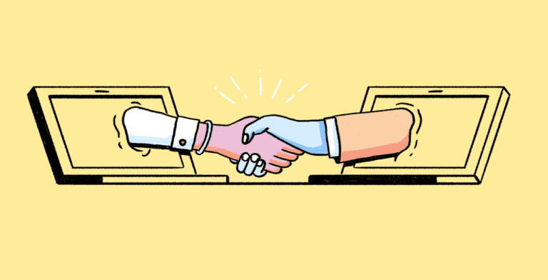 Illustration of two hands reaching out from laptop screens to shake hands, symbolizing virtual collaborations or online agreements. The yellow background adds a warm touch, echoing the trust often needed in faith conversations conducted through streaming platforms.