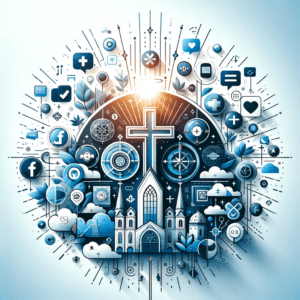 A digital illustration featuring a cathedral and a large cross at the center, surrounded by various social media icons in a circular pattern. The color scheme is predominantly blue and white, reflecting the serene atmosphere of faith with a touch of sunlight illuminating the cross.