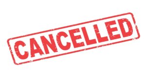 The image features the word "CANCELLED" in bold, red, uppercase letters inside a rectangular outline with a distressed texture, set against a plain white background—reflecting the unexpected halt of Bridgetown Church's live streaming service.