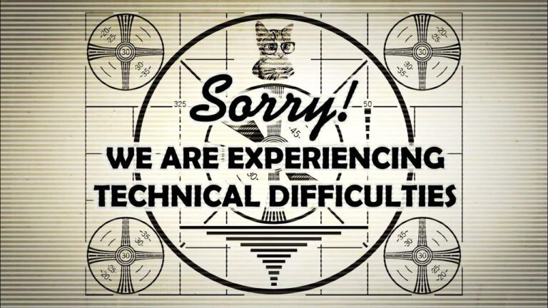 A vintage technical difficulties screen with a test pattern shows the text, "Sorry! We are experiencing buffering issues," alongside an image of a cat wearing glasses. The background features circular and linear patterns, reminiscent of live streaming glitches.