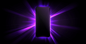 A black smartphone silhouette is centered against a dark background, with vivid purple light beams radiating outward like a beacon of faith, creating a dynamic and futuristic effect.
