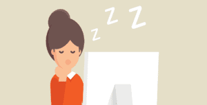 Illustration of a person with a bun hairstyle, wearing an orange sweater, sitting in front of a computer screen. As churches embrace live streaming, viewers sometimes appear like this—with closed eyes and "Z" symbols hovering above their heads, suggesting they might be dozing off.