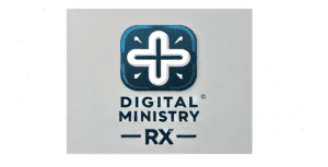 The logo showcases a blue square icon with a white medical cross, arrows at its corners, and the text "Digital Ministry RX" on a gray backdrop, seamlessly embracing the essence of DigitalMinistry involved with StreamingChurch.tv.