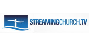 Logo for StreamingChurch.TV, featuring a stylized white cross over blue waves inside a square, with "STREAMINGCHURCH.TV" in blue gradient capital letters to the right—avoid name confusion with ChurchStreaming.tv.
